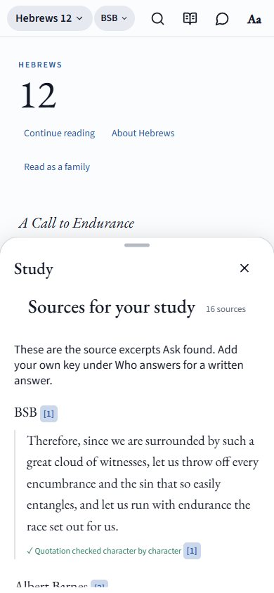 Berean Blue on a phone showing the sources Ask found for Hebrews 12, each with a quotation checked against its source