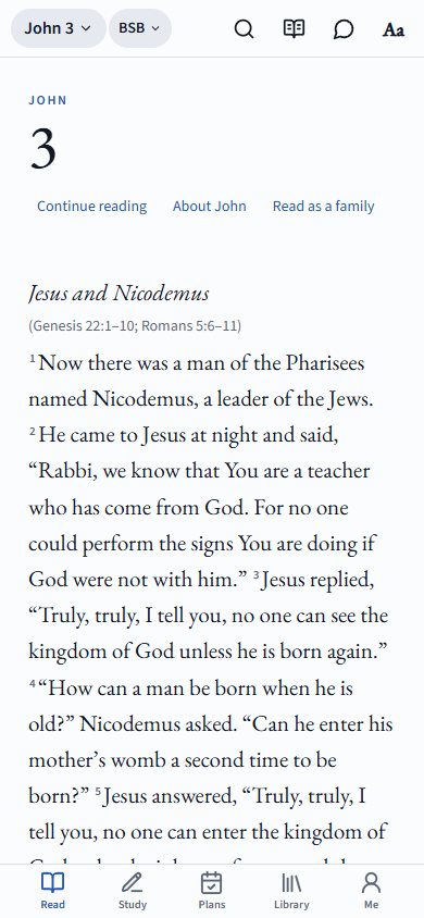 Berean Blue on a phone showing John 3 in the Berean Standard Bible, with Search, Study tools, Ask and text size in the top bar