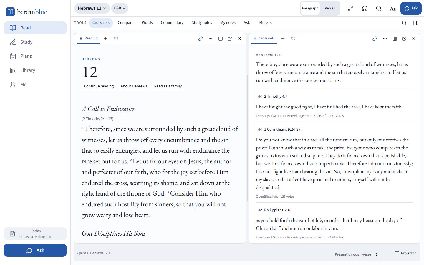 Berean Blue open to Hebrews 12 in the Berean Standard Bible, with the cross-references for verse 1 beside the text